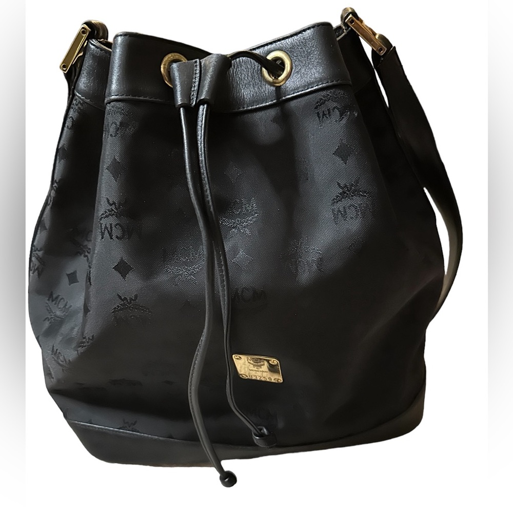 Vintage MCM Visetos Nylon Crossbody Drawstring Leather adjustable strap Black